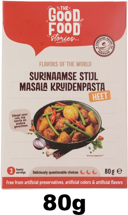 Verpakking The Good Food Stories Surinaamse Stijl Masala Kruidenpasta Heet met afbeelding van een gerecht met kip, aardappelen en sperziebonen.