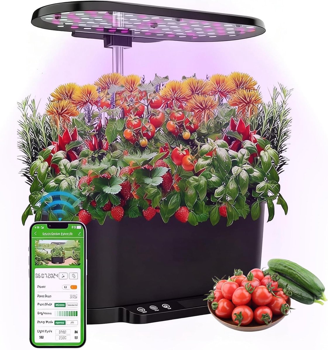 Slim Hydroponisch Kweek Systeem voor Binnen, 15 Plant Sleeves, 36W LED Groeilamp, Automatische Timer en 5.5L Waterpomp Tank