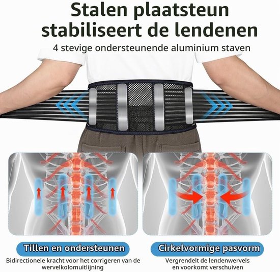 Ademende Niergordel voor Mannen en Vrouwen, Stevige Lumbale Ondersteuning met 4 Stalen Rails, Dubbele Verstelling, Orthopedische Trainingsgordel voor Werk en Sport, Maat M — afbeelding 3