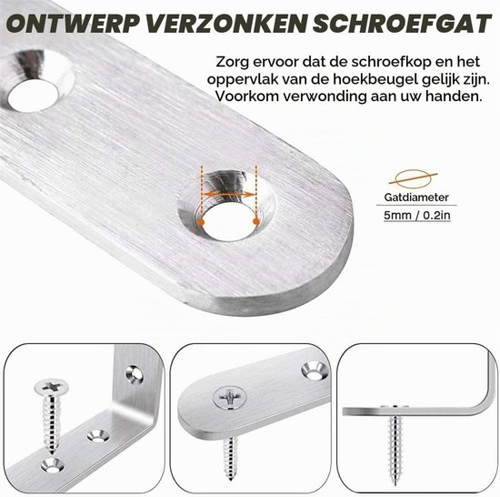 8 Stuks Robuuste Hoekbeugels van RVS, L-vormige Steunen voor Wandplanken en Meubelondersteuning - Inclusief 2 Maten Schroeven en Expansiebuis (125×75mm) — afbeelding 2
