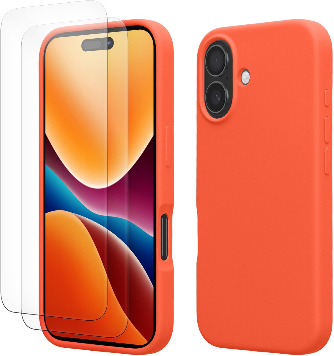 kwmobile hoes met 2x screenprotectors voor Apple iPhone 16 – screenprotector van gehard glas – draadloos opladen – levendig koraal