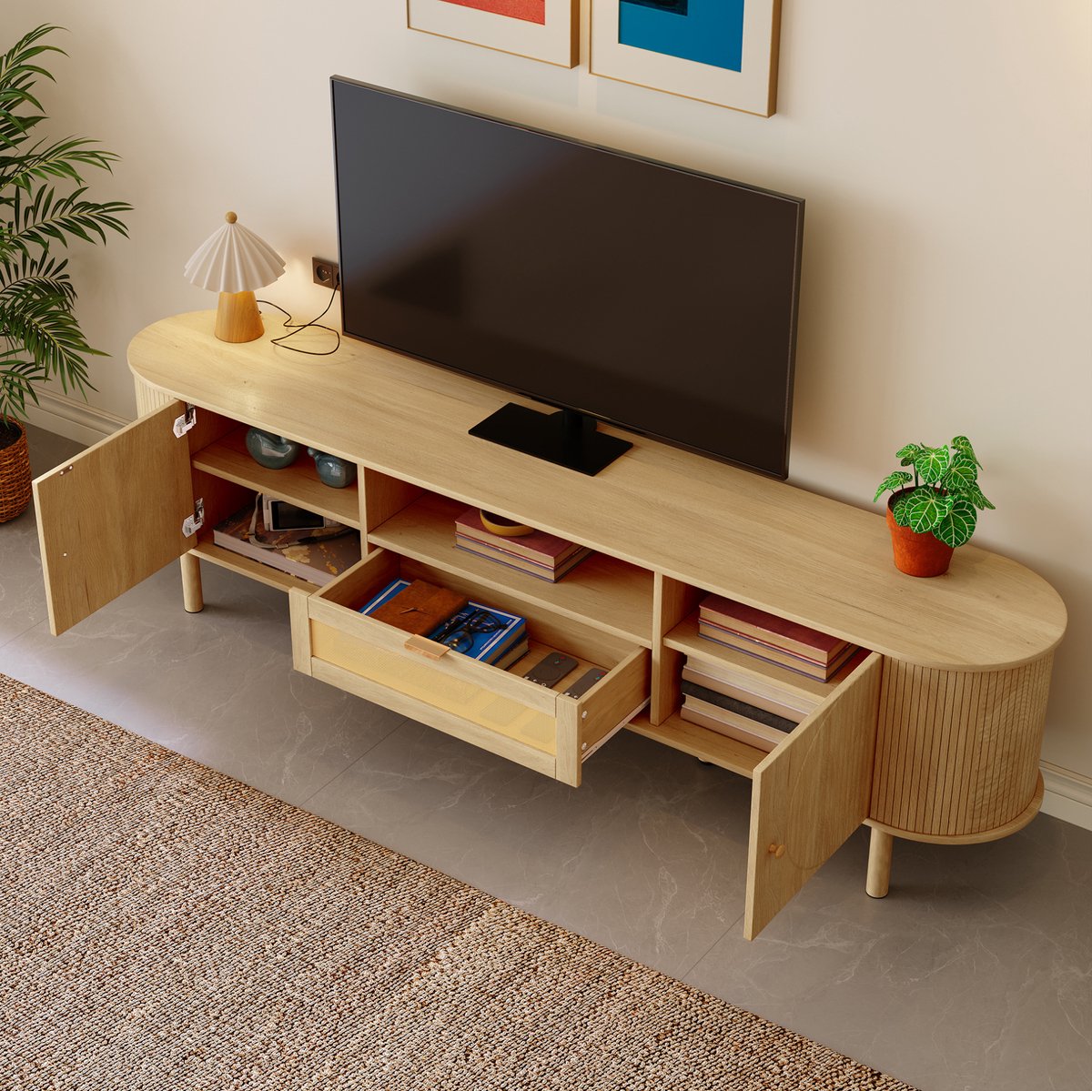 WUVRIE TV-meubel 175x36x51 cm - Rattanlade, 2 deuren en open vakken - Naturel