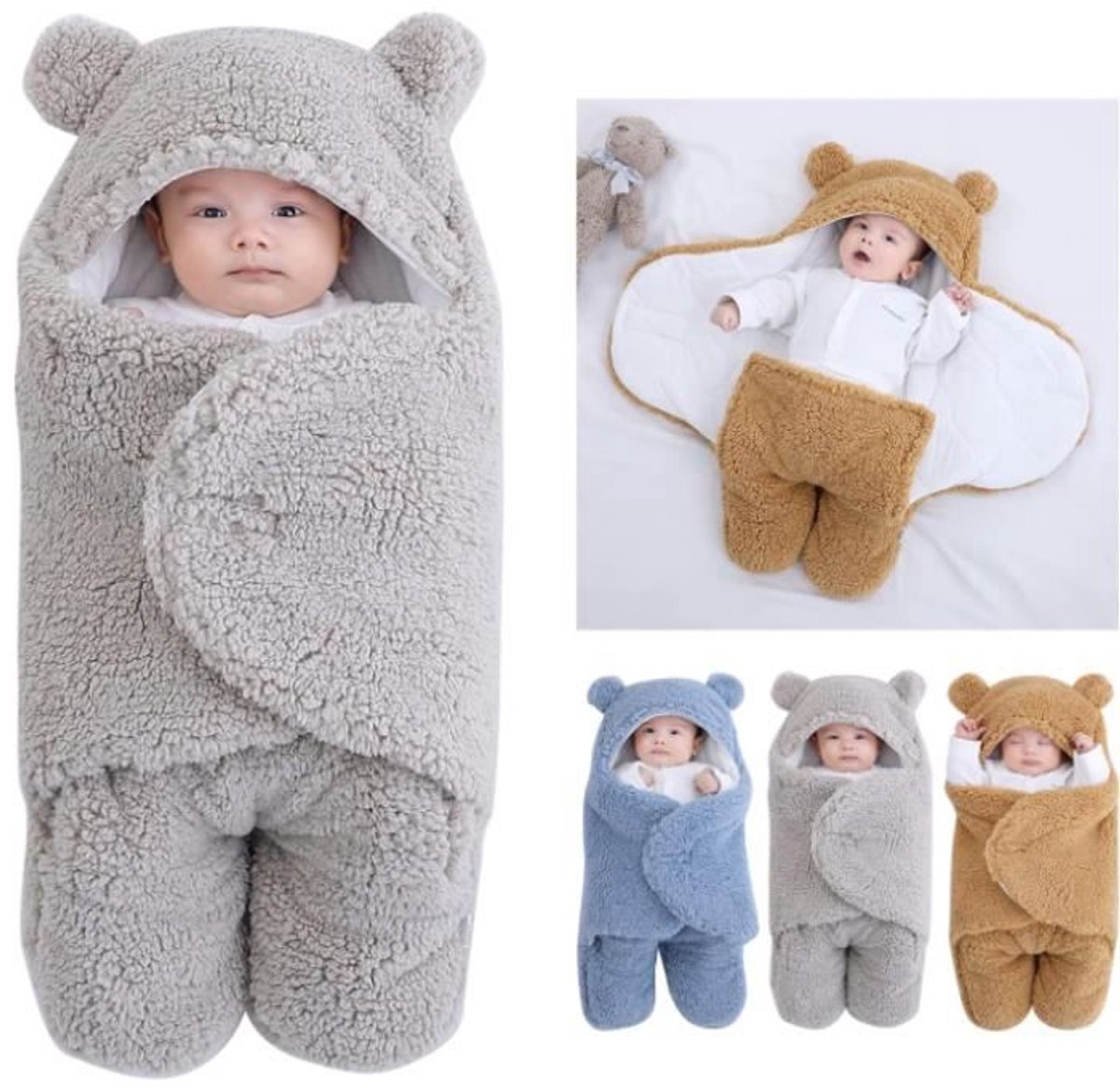 Dekentje met capuchon voor pasgeborenen - Slaapzak - Fleece winterdeken met pijpen - 62 cm - Grijs