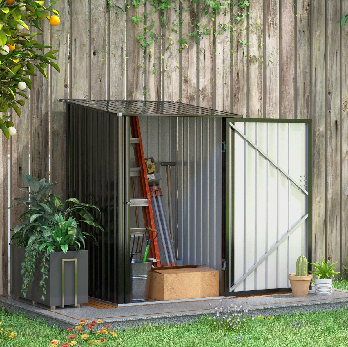 WUVRIE - Metalen tuinschuur 100x103x160 cm - Hellend dak en afsluitbare deur - Donkergrijs