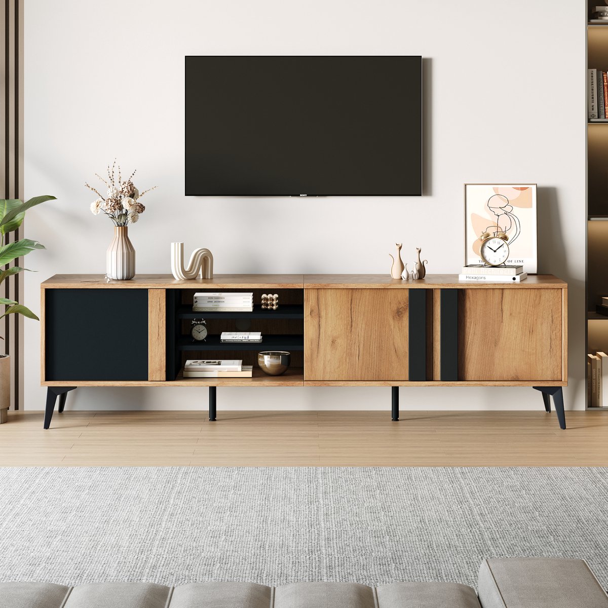 WUVRIE Tv-meubel 180x40x50 cm - 3 deuren, 4 open vakken en kabeldoorvoer - Bruin/zwart