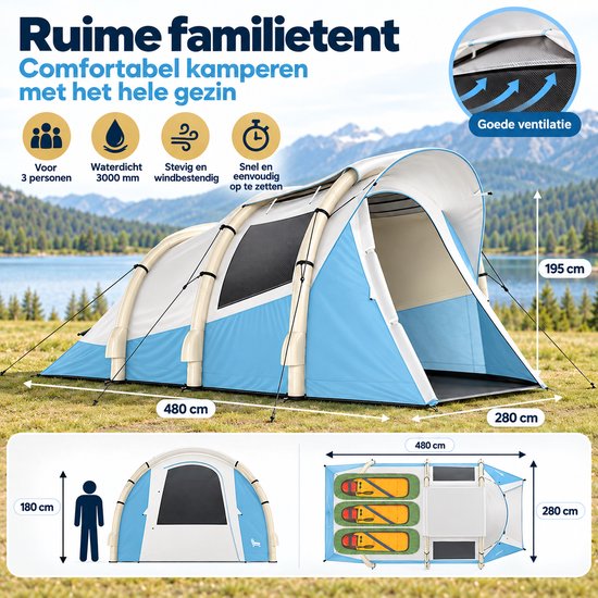 Celestul Opblaasbare Kampeertent 2-3 Personen - 2 Kamers - Met Pomp - 480 x 280 x 195 cm - 3000 mm Waterdicht - Lichtblauw — afbeelding 2