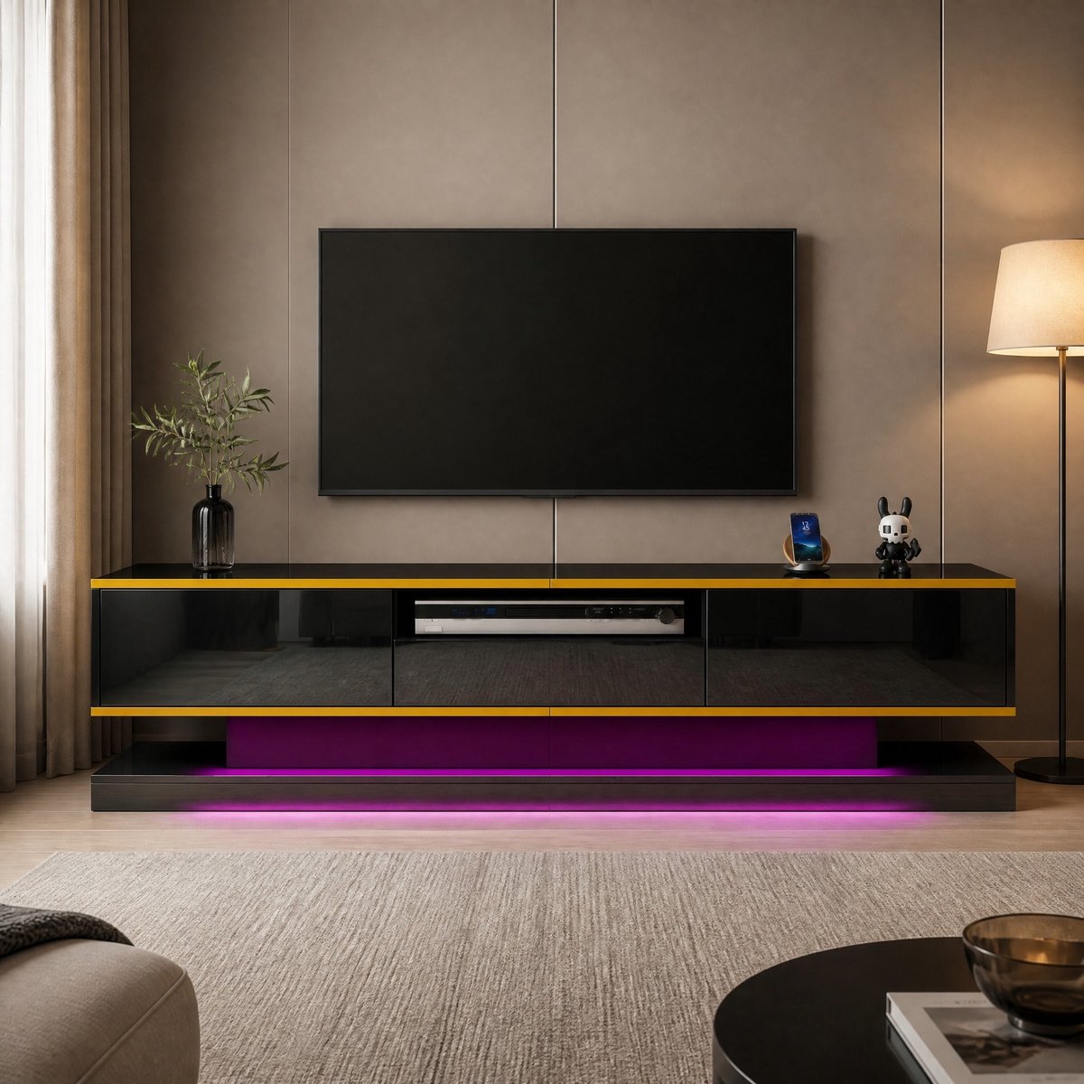 WUVRIE Tv-meubel 180 x 38 x 45 cm - 3 lades, open vak en kleurwisselende LED-verlichting - Zwart/goud