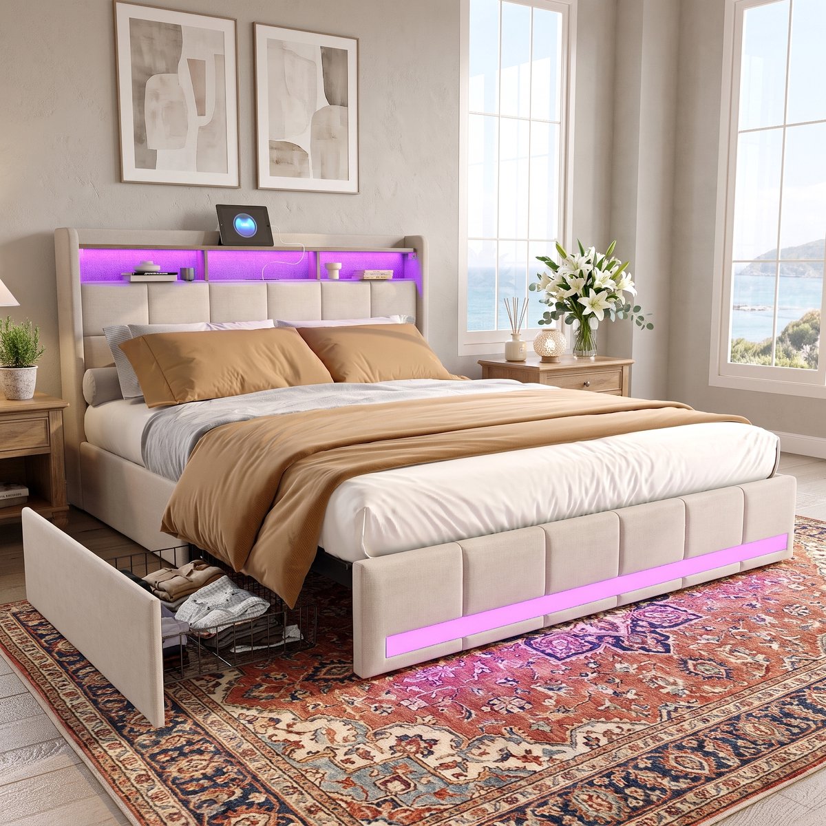 Tweepersoonsbed 140x200 cm, LED-hoofdbord met opbergvak en 2 USB-poorten, bedframe met 4 lades en lattenbodem, opbergbed voor tieners, Linnen Beige