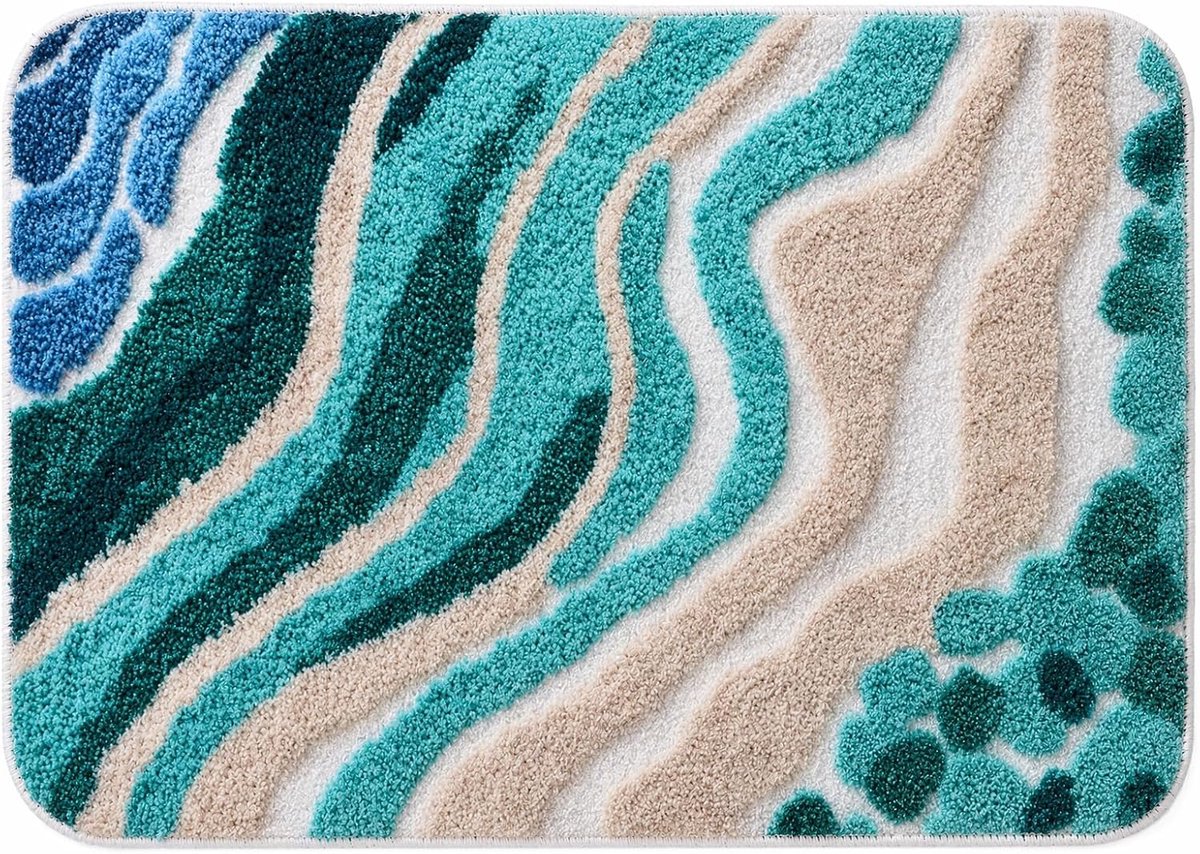 Badkamertapijt, 40 x 60 cm, antislip, wasbaar, absorberend, zachte badmat met oceaandesign, badmat en douchemat voor badkamer, kinderkamer, hal, strandstijl