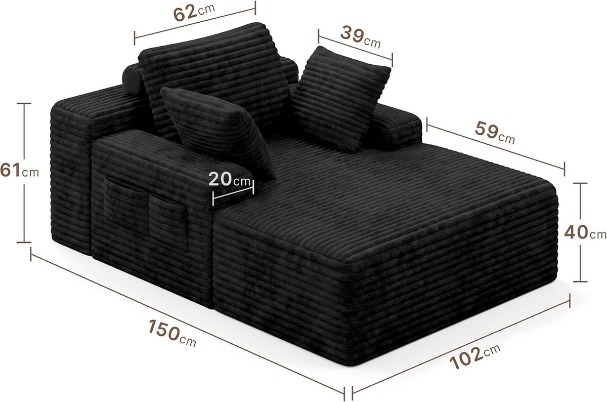 Loungebank met 3 kussens en zijzakken, van corduroy, chaise longue, met 3 kussens en zijzakken, voor woonkamer en slaapkamer