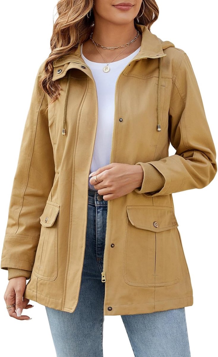 Overgangsjas voor dames, overgangsjas, katoen, opstaande kraag, mantel, parka, jas met capuchon met trekkoord, overgangsjas, bovenkleding voor lente, zomer, herfst