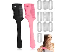 2 stuks dubbelzijdige tondeerkam met 10 reservemessen, uitdunmes voor precisie-haarknippen, split ends trimmer en textuurer, professioneel kappersgereedschap