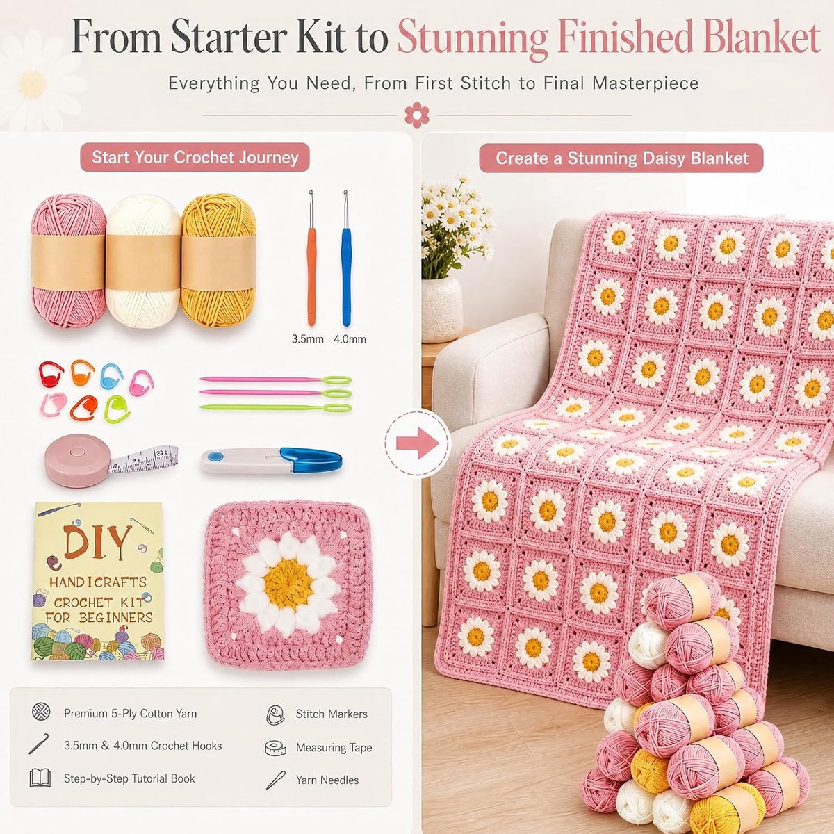 Granny Square Haakset voor beginners, complete starterset met haaknaalden 2,5 mm, 4,5 mm, haakgaren, stapsgewijze handleiding voor madeliefjesdeken (roze)