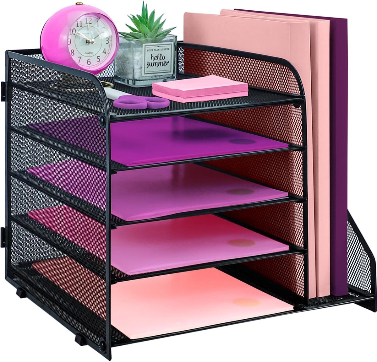 Multifunctionele Desk Organizer met Tijdschriftenhouder en 5 Laags Papieren Tray, Ideaal voor Kantoor, School en Thuisgebruik - Zwart