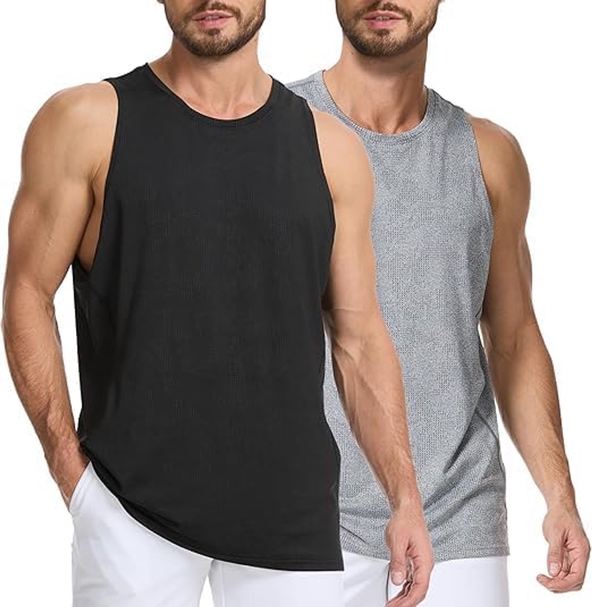 Tanktop voor heren, 2 stuks, mouwloos, van ademend mesh, sporttop voor fitness, hardlopen en training, zwart en grijs