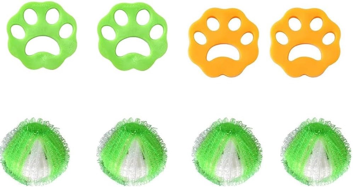 8-delige set pluizenverwijderaars met 4 kattenpootjes en 4 wasballen, herbruikbare pluizenverwijderaar voor kleding en wasgoed, ideaal voor huisdieren en kledingonderhoud