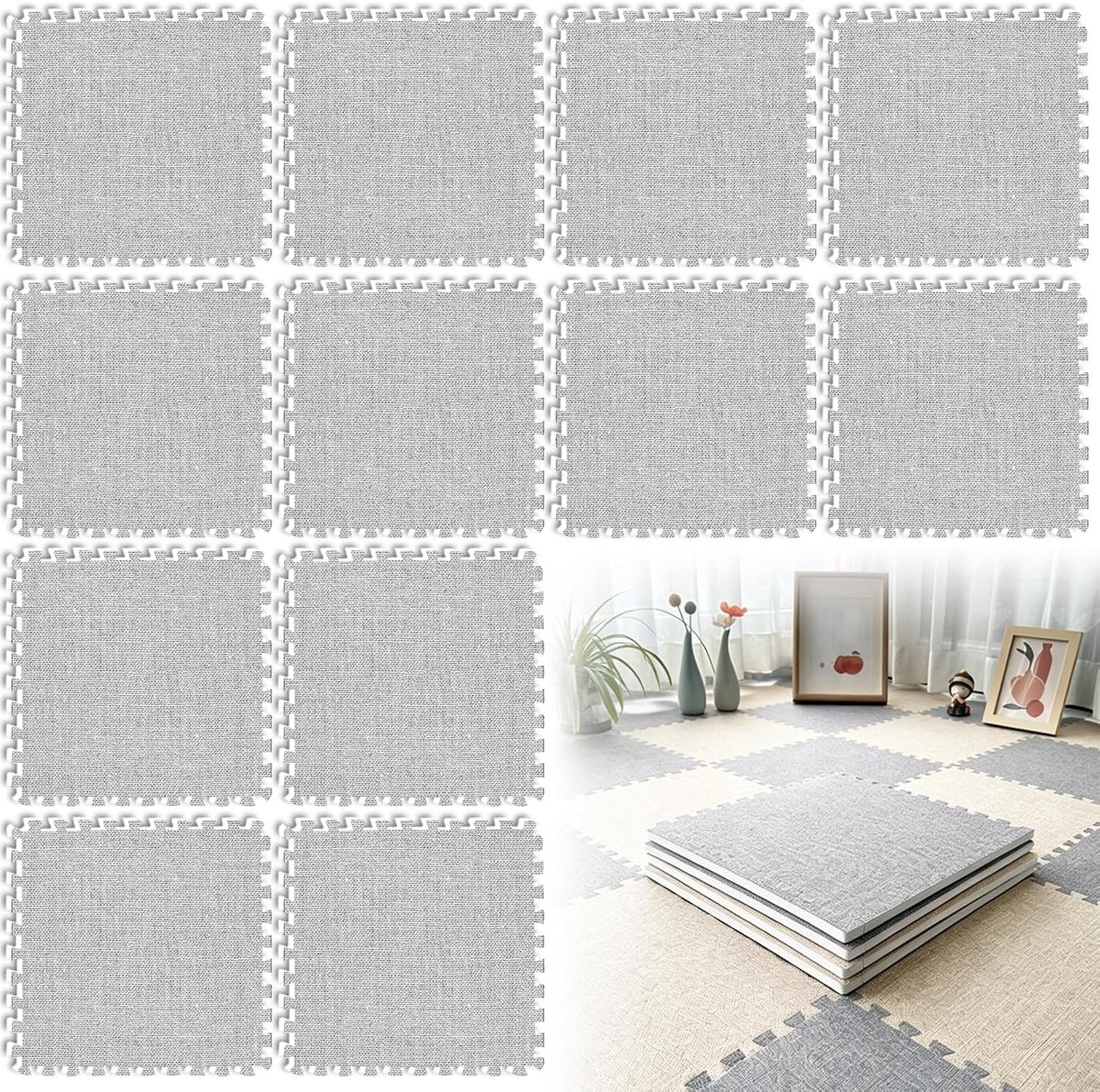 12 stuks in elkaar grijpende linnen schuimrubberen matten, 30 x 30 cm, schuimrubberen puzzelmatten, 1 cm dik, wollig, woonkamer, slaapkamer, tapijttegels, vloertegels voor spel, lichtgrijs