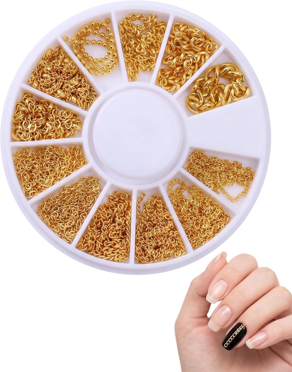 1 doos nagelbedels, goud, 3D-metalen platte kettingen, nageldecoratie, krasbestendig plat design tegen hangen, veilige hechting op gel en acryl, doe-het-zelf salon-effect