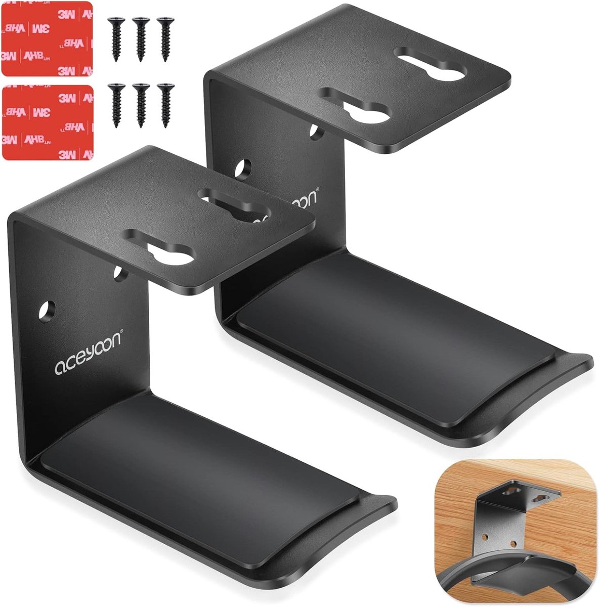 Hoofdkussenhouder voor Onder Bureau, 2 Stuks, Zwart, Met Lijm of Schroeven, Geschikt voor Gaming Headsets en USB-kabels, Ruimtebesparend en Duurzaam