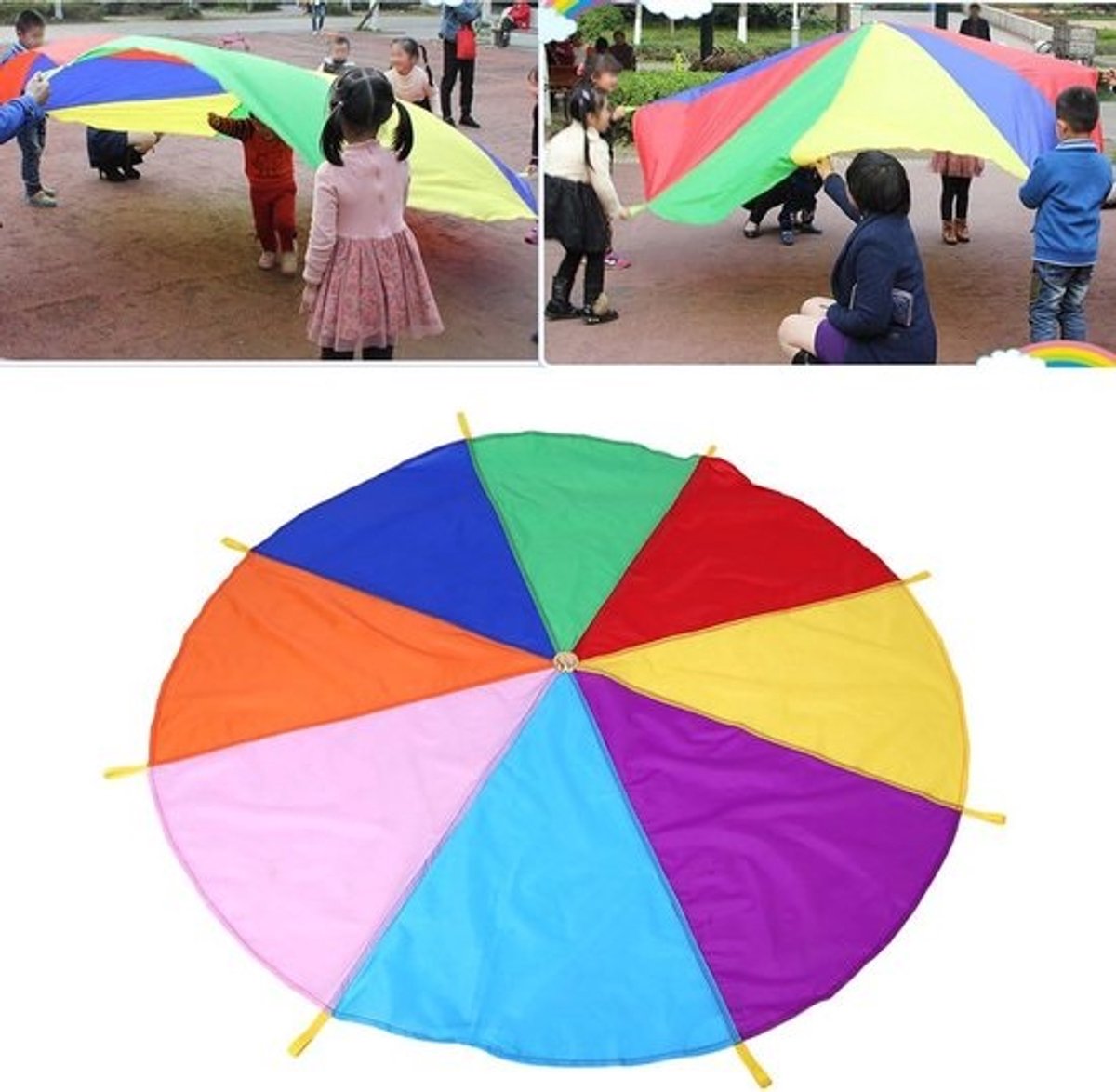 Parachutespeelgoed - Teamworkspel - Buitenspelen - 8 handvatten - 2 meter diameter - Regenboogkleuren
