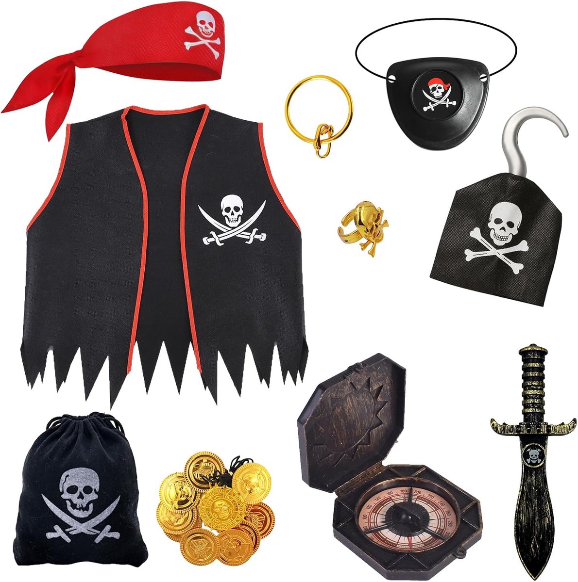 Piratenkostuum voor kinderen, jongens piratenkapitein verkleedset met hoofdband, vest zwaardhaak ooglapje oorbel, Buccaneer accessoires, verkleedkleding voor wereldboekendag, Halloween