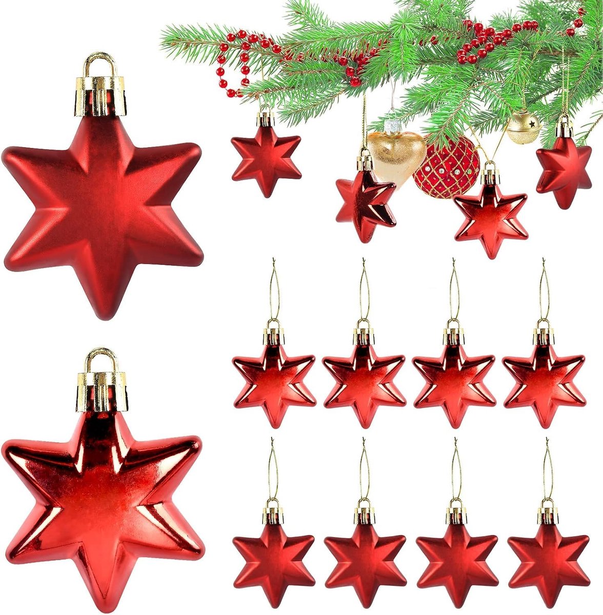 12 stuks kerstversieringen met sterren, matte en glanzende kerstballen