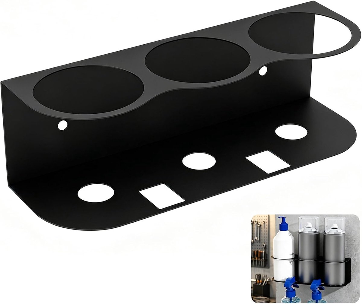 Wandmontage met 3 Gaten, Metalen Flessenhouder Zwart, Wandhouder voor Sprayflessen, Organizer voor Badkamer, Keuken, Garage en Werkplaats