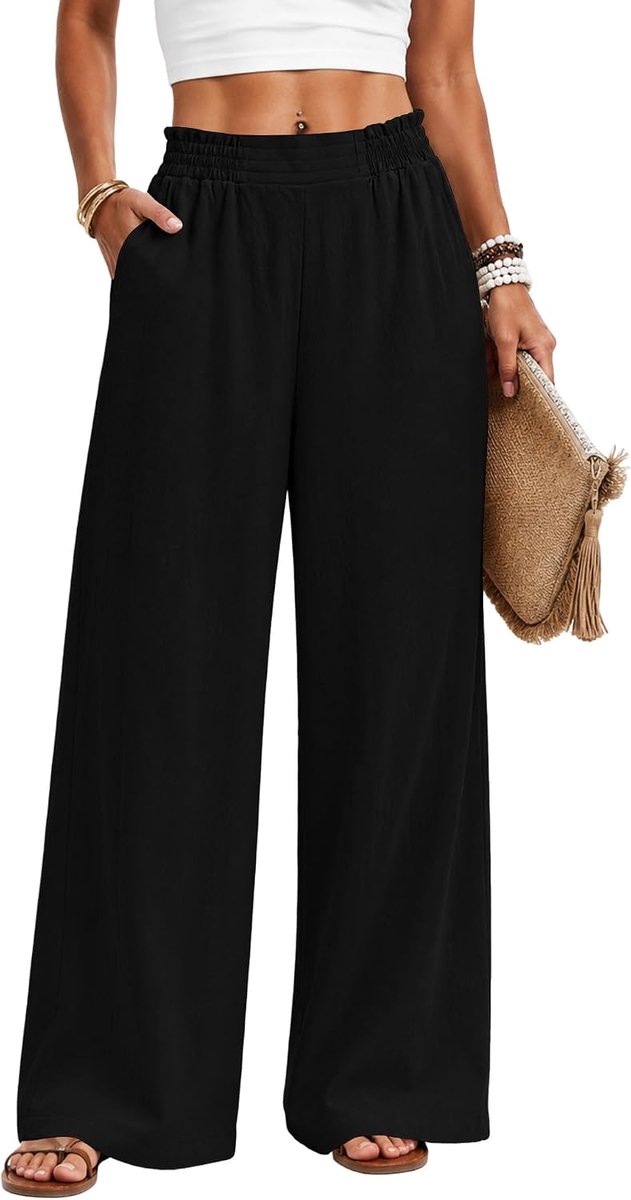 IWoo Linnen damesbroek met wijde pijpen voor dames, zomer, casual broek