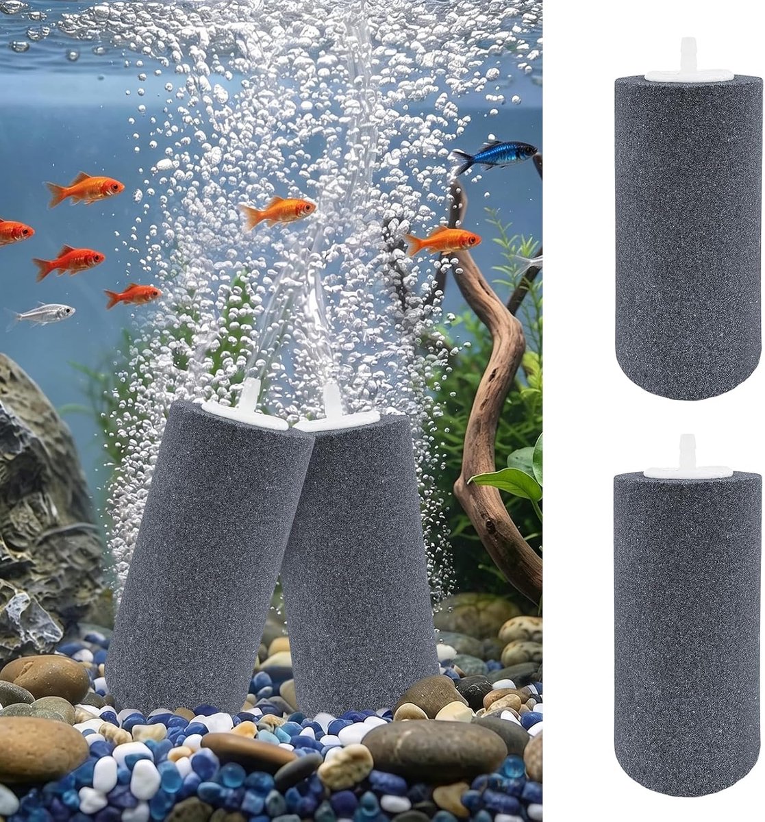 2 stuks luchtstenen voor aquarium, 10 cm vijver luchtstenen, cilinderbeluchter, beluchter, diffuser voor aquarium, aquarium, vijver, kleine emmers, reservoirs (grijs)