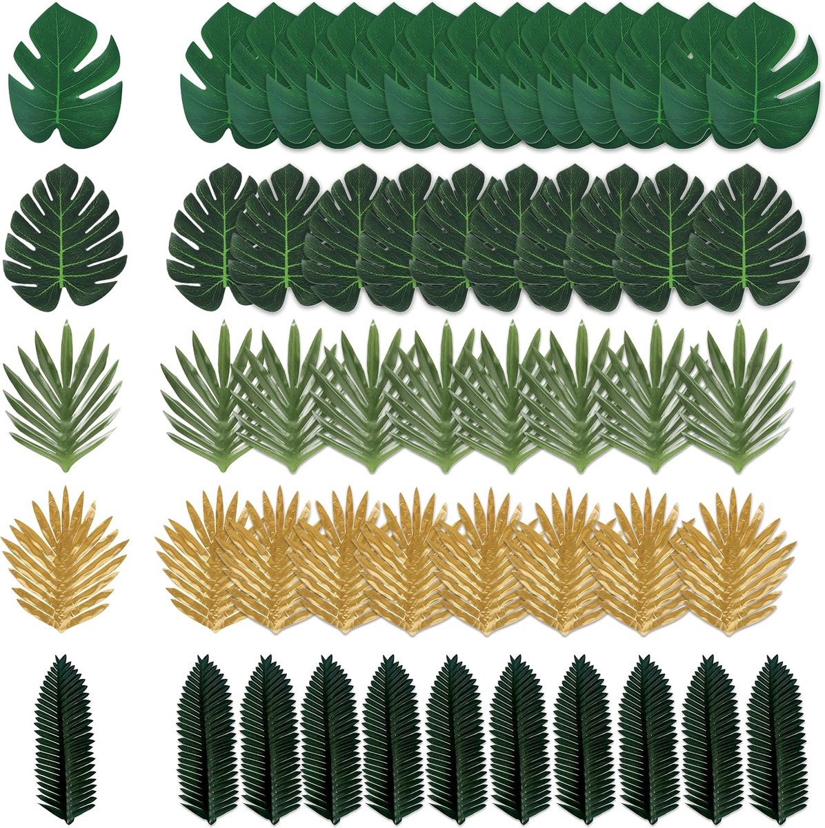50 Stuks Tropische Palmbladeren, 5 Maten in Groen en Goudkleurig met Groene Bladeren, Palmvormen van Stof als Kunstmatige Palmbladeren voor Jungleverjaardag en Zomerfeest