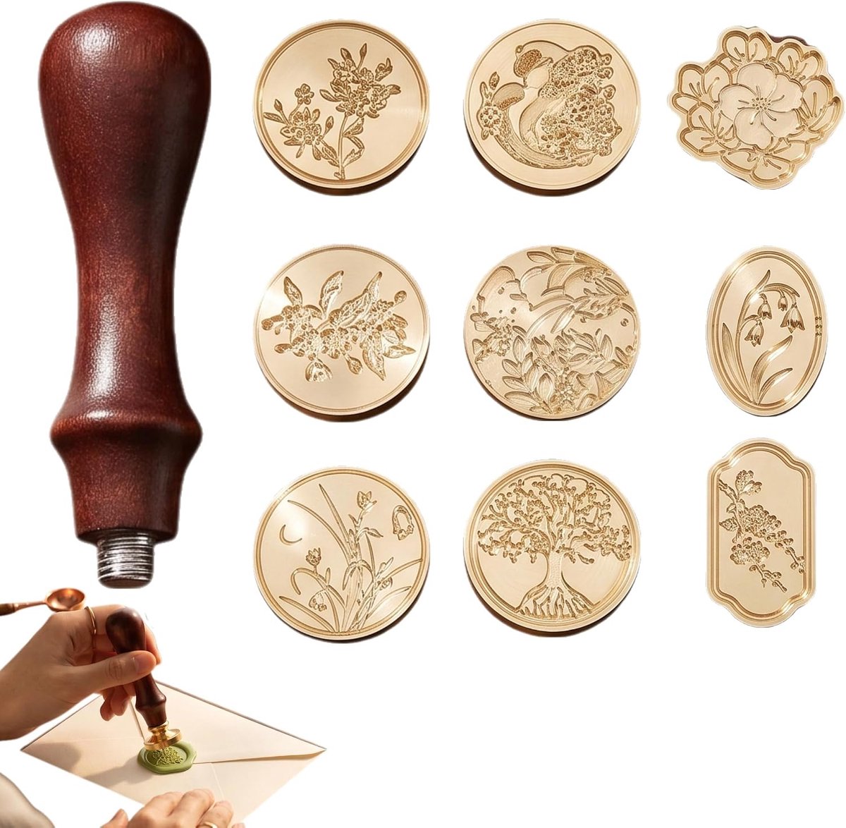 9 stuks bloemen waszegelstempels met houten handvat