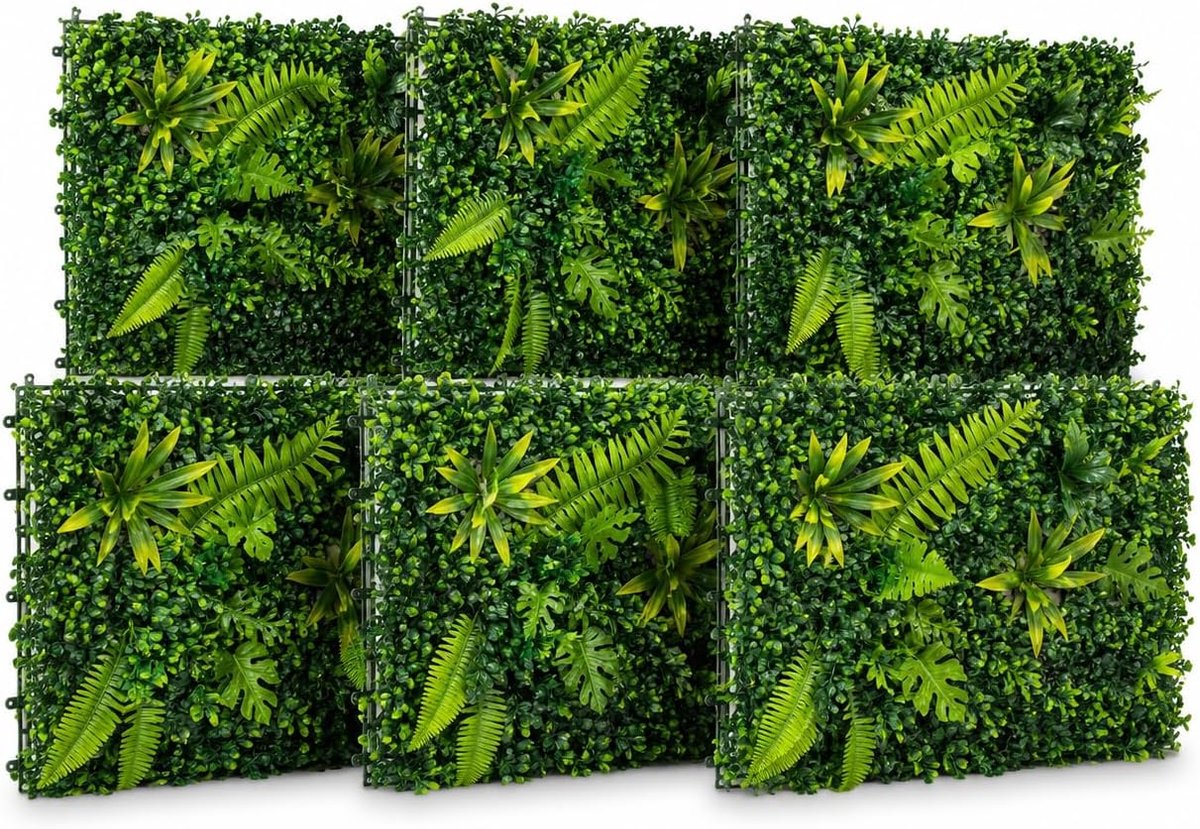 Kunstgras-wandpanelen, 6 stuks, hekdecoraties, kunst, wanddecoratie, muur, kunstgras-achtergrondwand, hoekig, graswandpanelen UV, kunstbladeren, 3D, voor tuin, terras, balkon (40 x 60 cm)