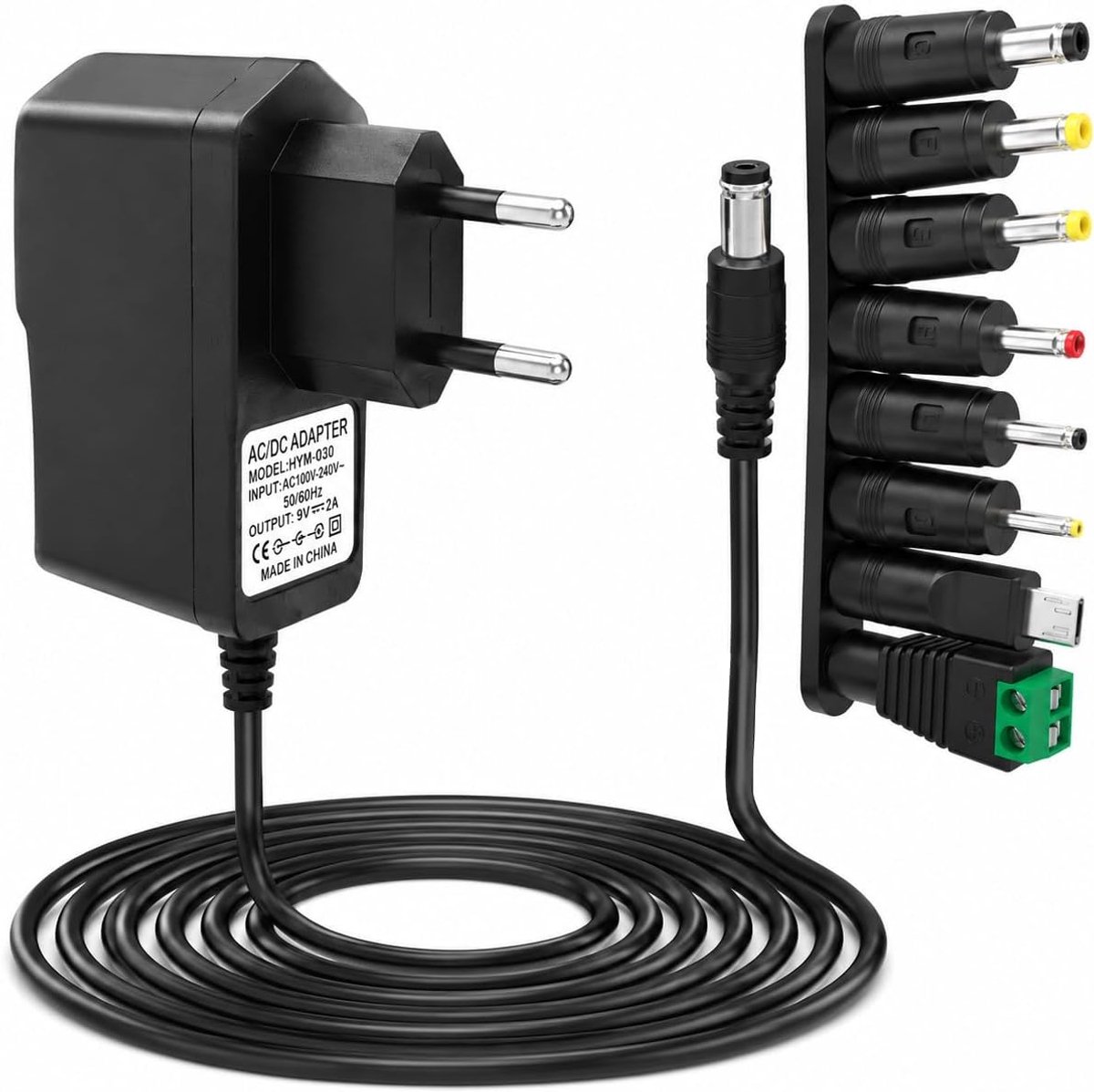 9 V 2 A, netadapter AC 230 V naar DC 9 V 2000 mA 1000 mA 500 mA 5,5 x 2,1 mm met 8 afneembare stekkers