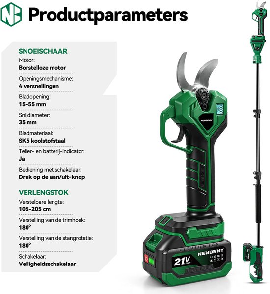 NewBeny Elektrische Snoeischaar - 35mm Snijdiameter - Telescopische steel 2.05 M - met 2x Accu's - Taksnijder - voor bomen, tuin en boomgaard — afbeelding 3