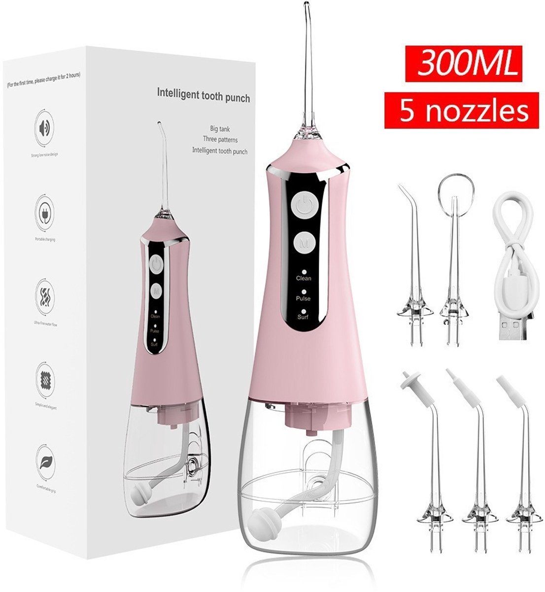 Draagbare Flosser Ipx7 Waterdicht 300 Ml Elektrische Waterflosser Met 5 Sproeiers Draagbare Flosser for Thuisgebruik Tandheelkunde for Op Reis en Thuis (Color : Pink)
