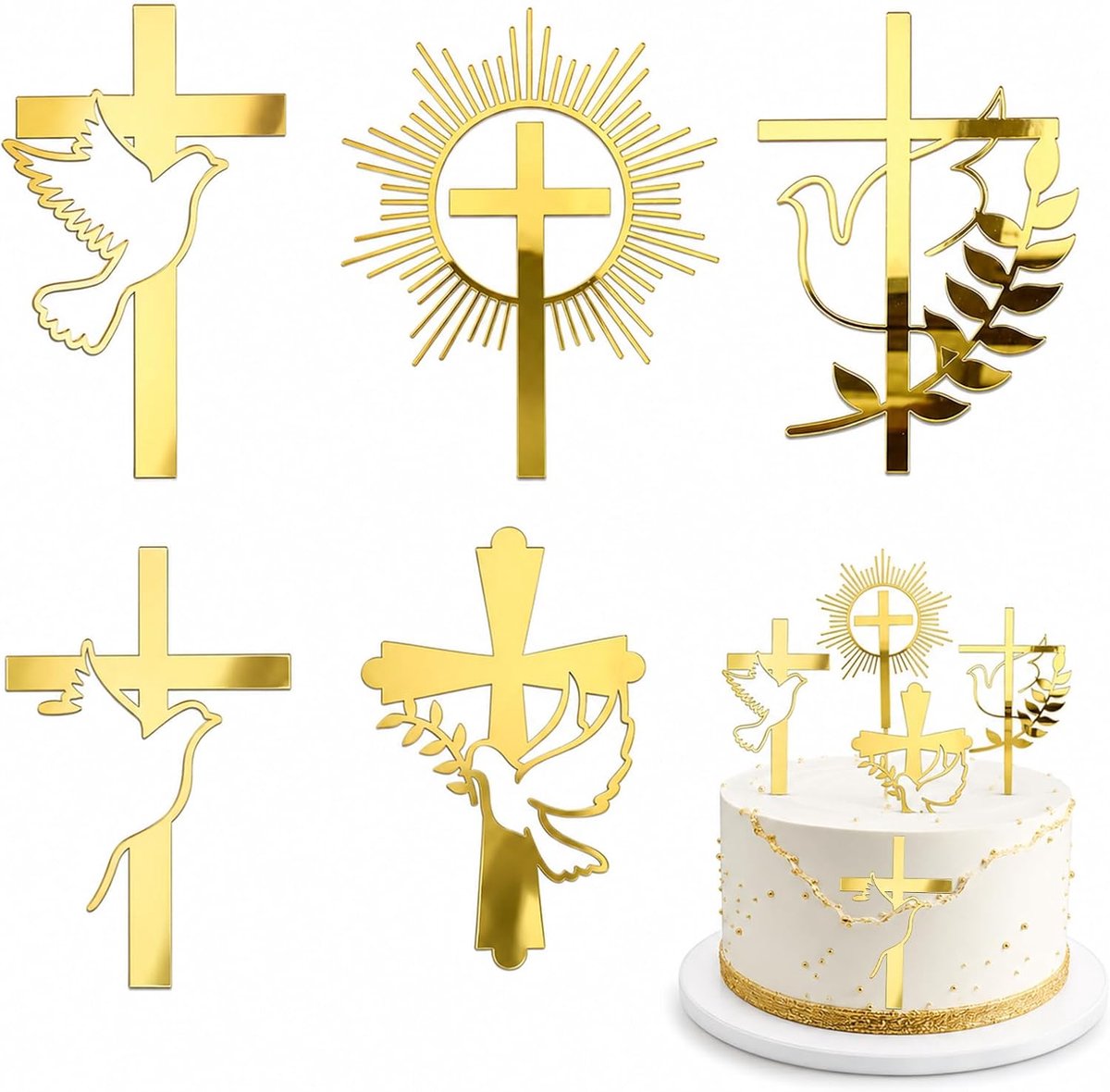 5 acryl taarttoppers met kruis en duif, goudkleurig – voor doop, communie, vormsel en bruiloften
