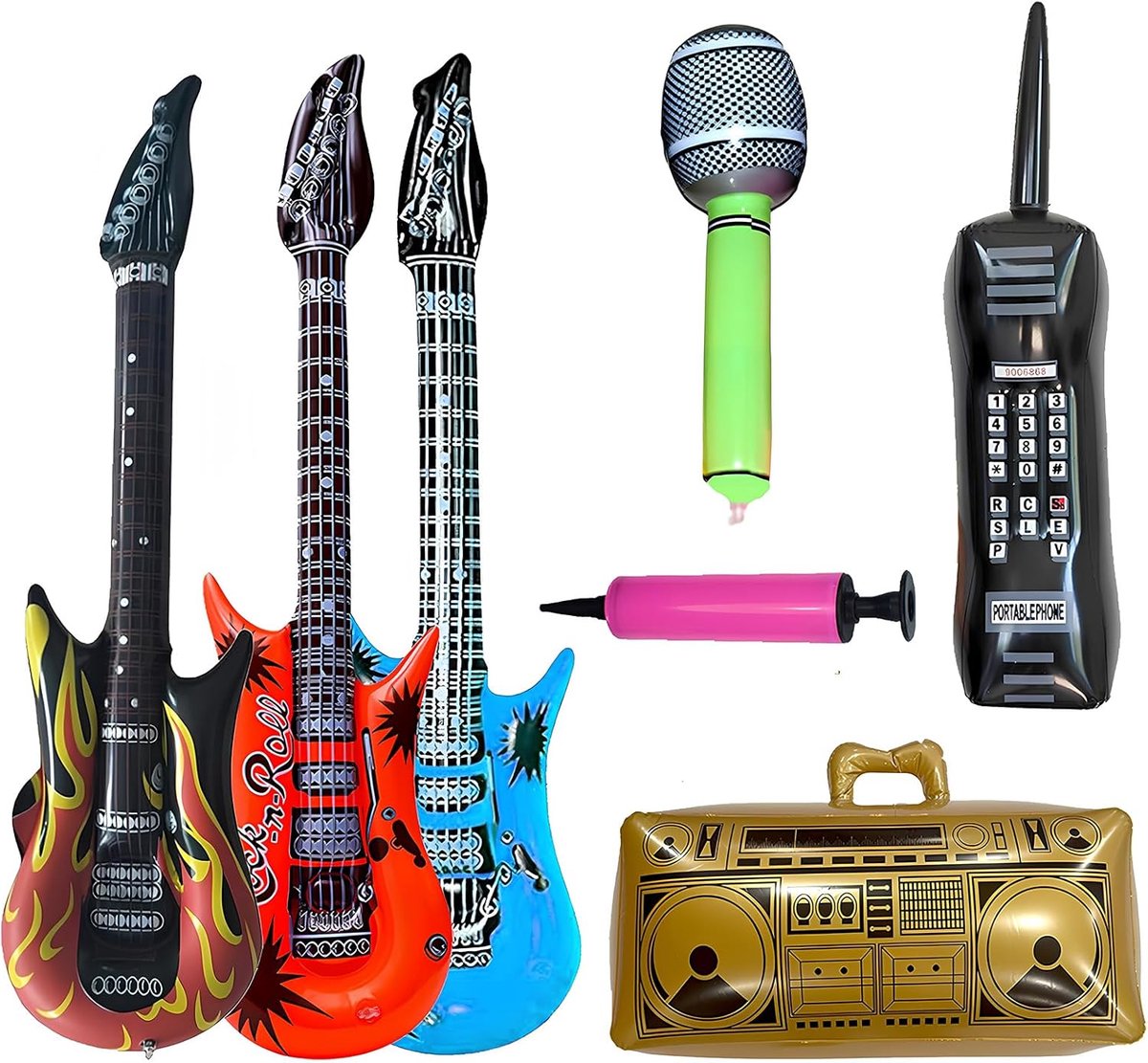 7 stuks opblaasbare retro partyset met 1 gettoblaster, 1 microfoon, 3 gitaren, 1 telefoon, 1 luchtpomp, perfect voor - ShopVlot