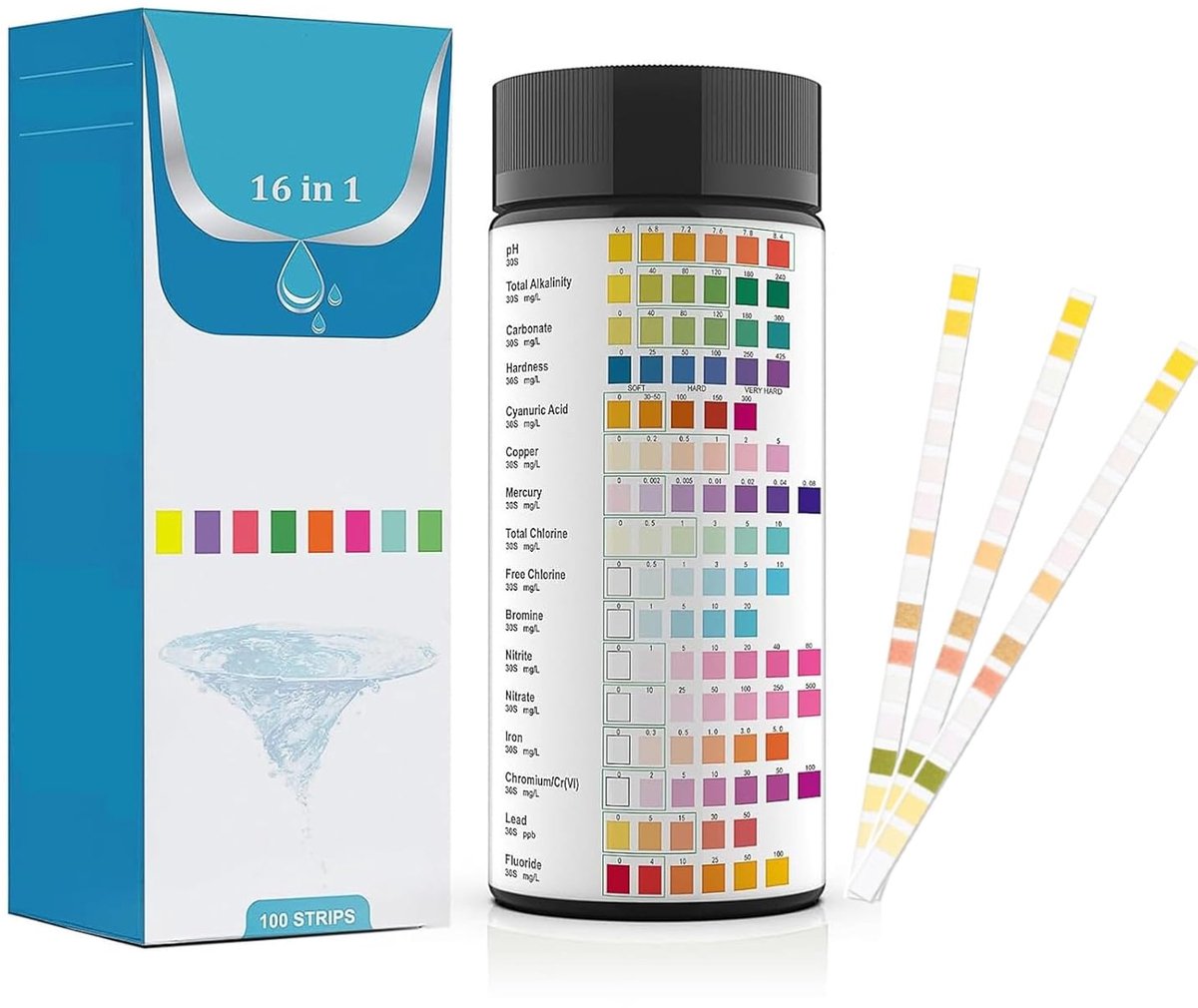 SnelShoppen - 16-in-1 Water Test Strips (100 Stuks) voor Snelle Analyse van pH, Chloor, Hardheid, Lood en Kwik - Ideaal voor Drinkwater, Zwembad, Aqua