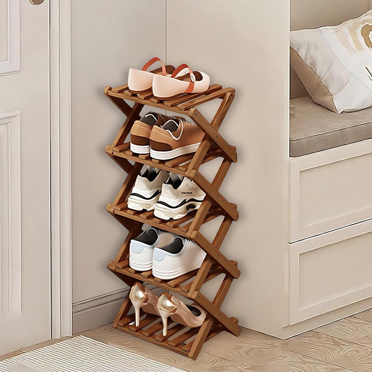 SnelShoppen - 5-Layer Vouwbare Houten Schoenenrek voor Kleine Ruimtes, Stabiel en Compact, Bruin, Ideaal voor Hal, Entree, Hoek of Slaapkamer