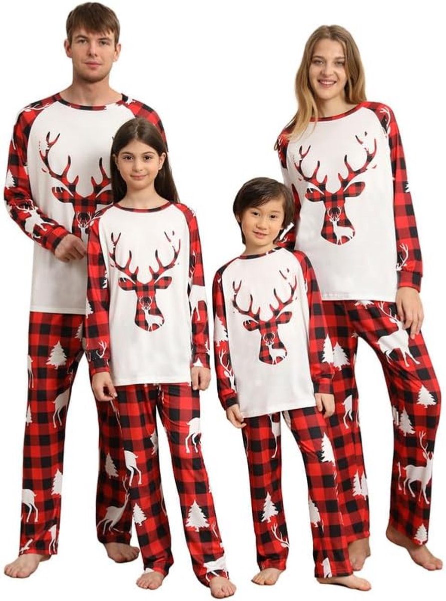 Kerstpyjama voor familie, kerstpyjama met rendierprint, kerstpyjama, bovendeel in wit en geruite broek, zwart en rood, kerstpyjama, paar/meisjes/jongens/baby