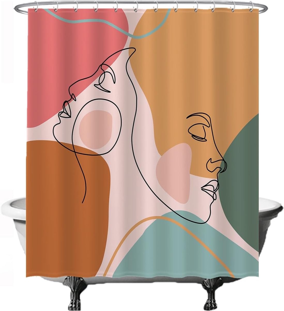 Douchegordijn - Gezichten Abstract Aesthetic Emotie - 180 x 200 cm - Sneldrogend Waterdicht Wasbaar Badkamer gordijn Badgordijn - Anti Schimmel - met 12 ringen - Oker Bruin Groen Roze