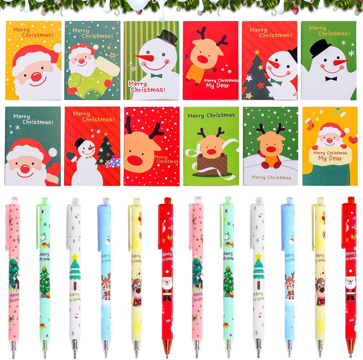 Gelpennen, set van 12 kerstgel-inktpennen cartoon + 12 mini-kerstnotitieblokken, balpen, schrijfwaren, kerstfeest, cadeau, schoolkantoor, familie, feestzak, vulling