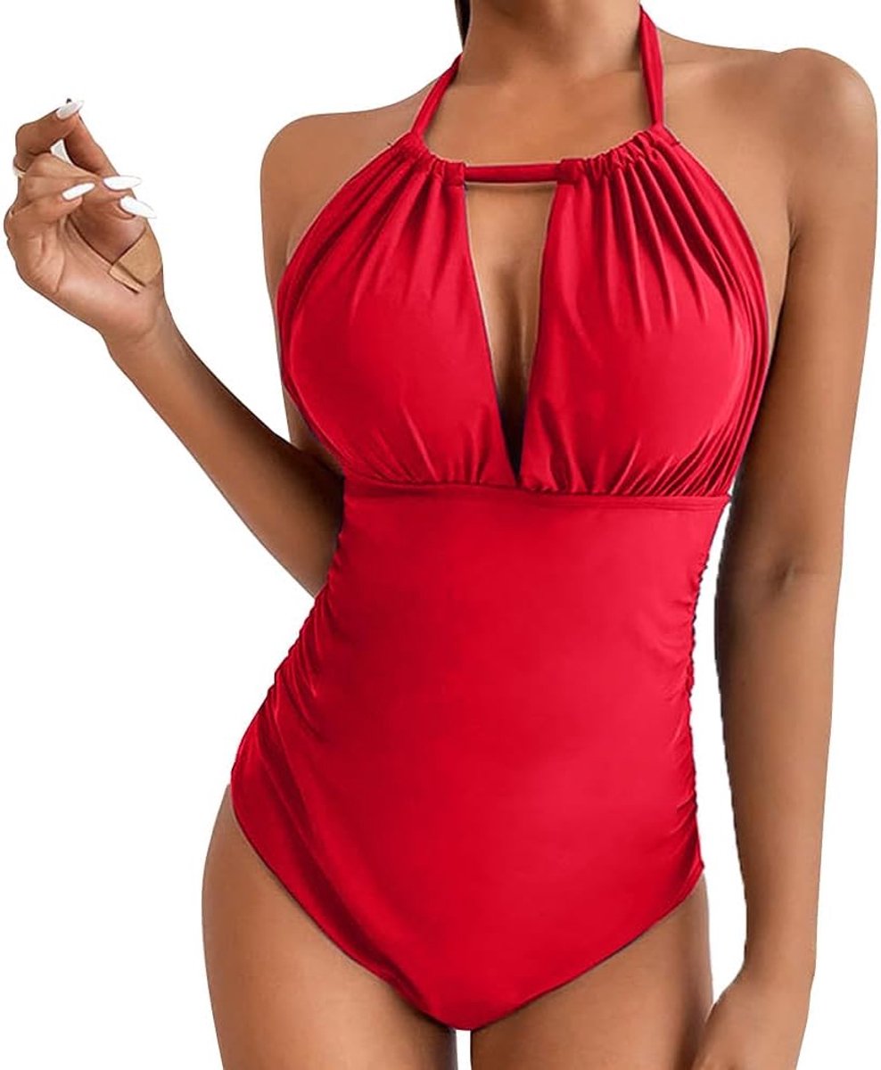 Badpak voor dames met sieruitsparingen, plooien, buikweg, strandmode, hoge hals, eendelige badmode, badmode, badmode, rugvrij, strandmode