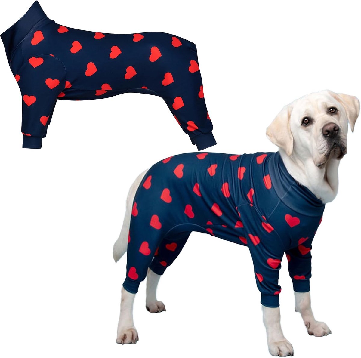Paws hondenpyjama, ultrazacht en 4-weg stretch, herstelpijmaat na operatie, slaappak Onesie voor kleine, middelgrote en grote honden - Hartjes - 3XL