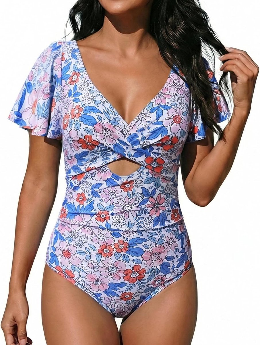 Badpak voor dames, buikweg, ruches, eendelig, V-hals, badkleding, push-up, hoge monokini met buikcontrole, zwempak, cross swimwear