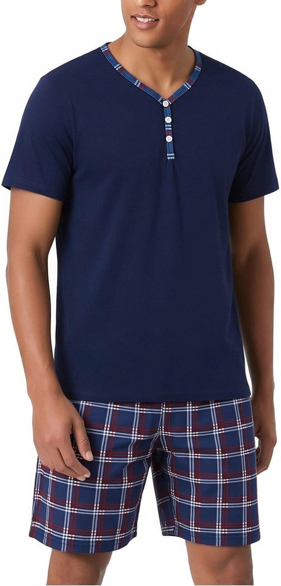Zomerpyjama voor heren, katoen, set met korte mouwen en korte broek, nachtkleding met zakken en geruite shorts