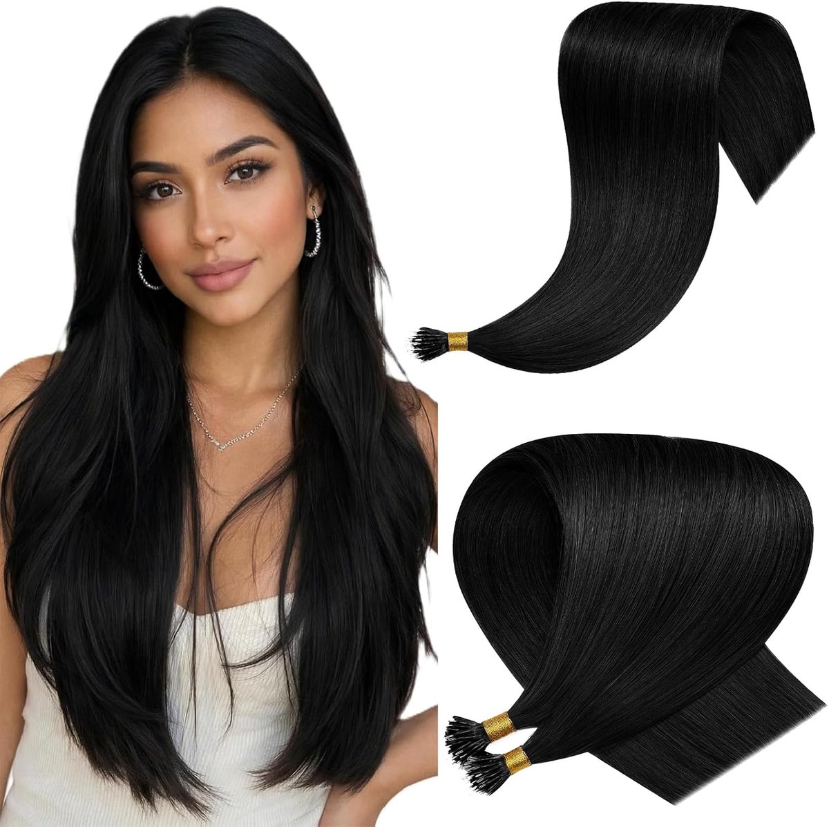 Nanoring extensions Echt haar, Zwart, 40cm | 50 Strengen 50g 100% Remy Haar, Onzichtbare Ring & Kralen, Geen Warmte, Geen Lijm, Natuurlijke Look Haarverlenging