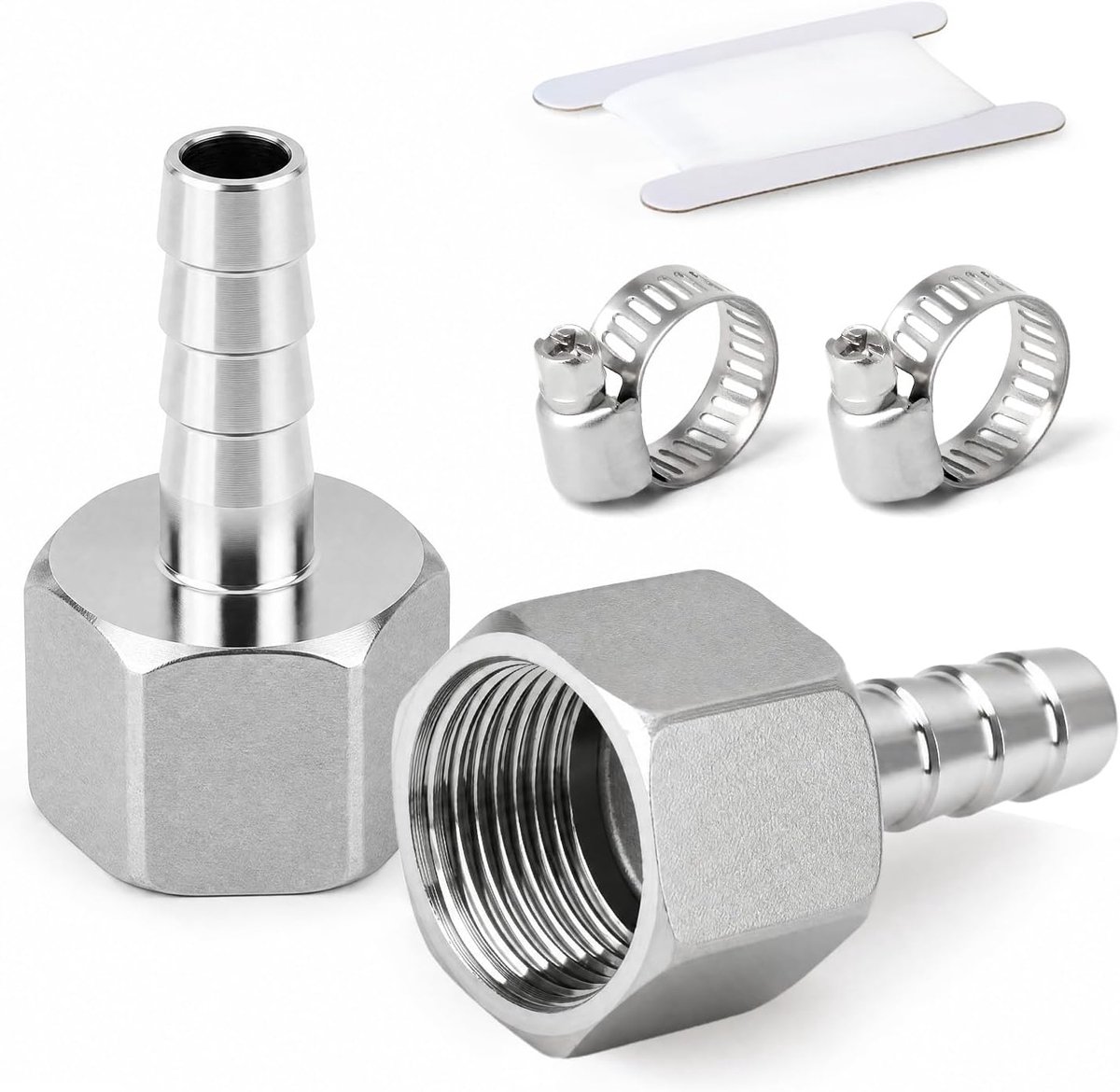 2PCS 304 Roestvrij Staal Gesmeed Luchtslangfittingen, Volledig Hexagoon Ontwerp, Slangbarbfittingen 12MM Barb x 3/4" FBSP Leidingadapter met 2PCS Slangklemmen