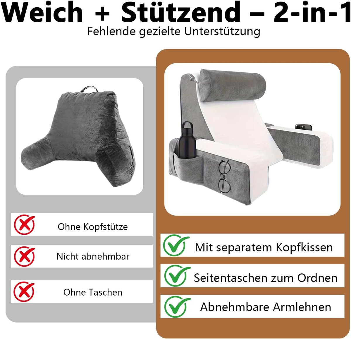 Leeskussen extra hoog - afneembare nekrol - ergonomisch ontwerp - ideale rugsteun voor lezen in bed - ShopVlot