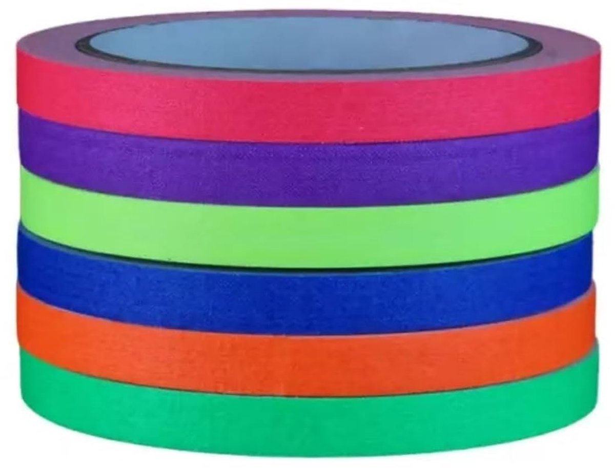 Neon plakband, 6 kleuren, 5 m x 1 cm, fluorescerende kleuren, uv-blacklight, glow in the dark tape voor uv-party - ShopVlot